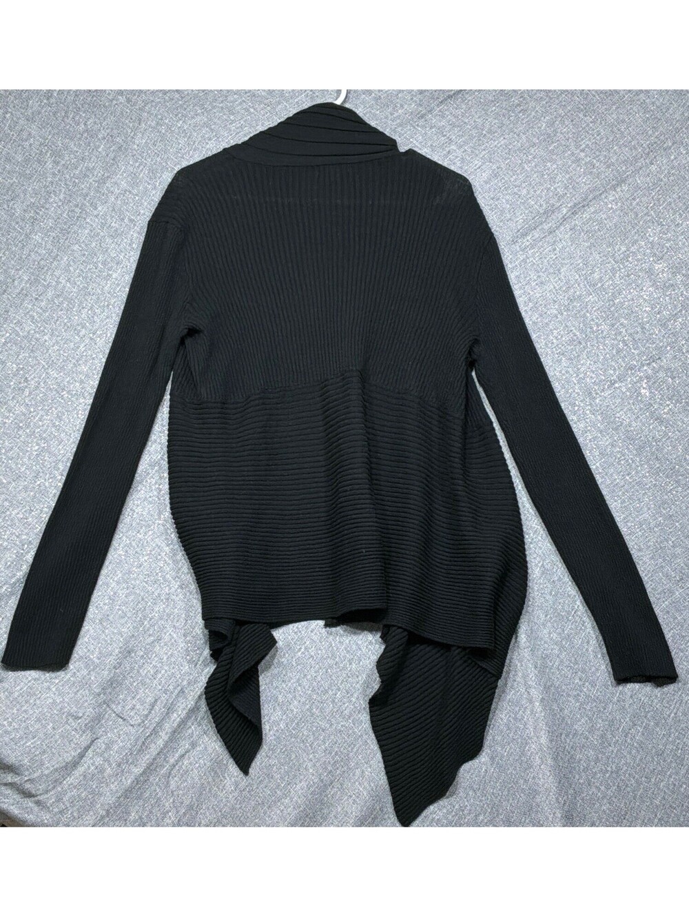 Woman’s Black Merino Wool Ribbed Knit Open Front Draped Cardigan Sweater